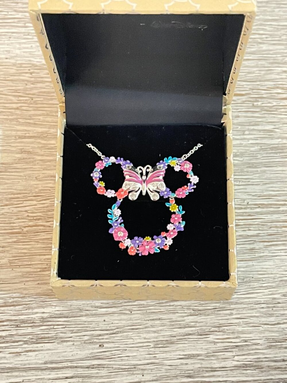 New Rebecca Hook Minnie Mouse Disney Necklace Flowers Butterfly Silver Crystals